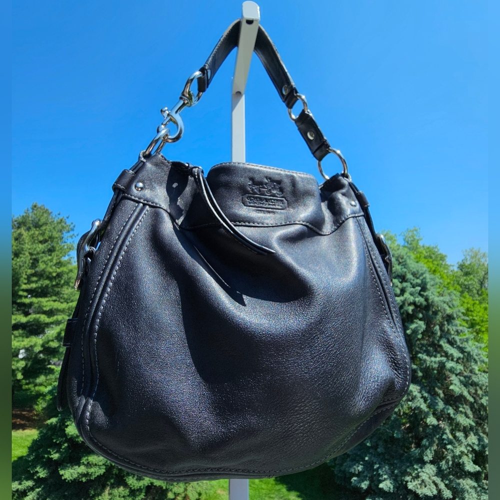 COACH Zoe Black Leather Hobo Shoulder Handbag w/Silver Trim